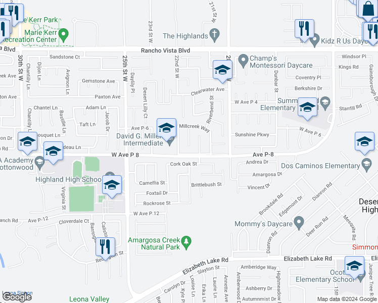 map of restaurants, bars, coffee shops, grocery stores, and more near 2145 West Avenue P8 in Palmdale