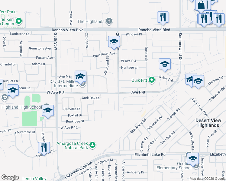 map of restaurants, bars, coffee shops, grocery stores, and more near 2019 West Avenue P8 in Palmdale