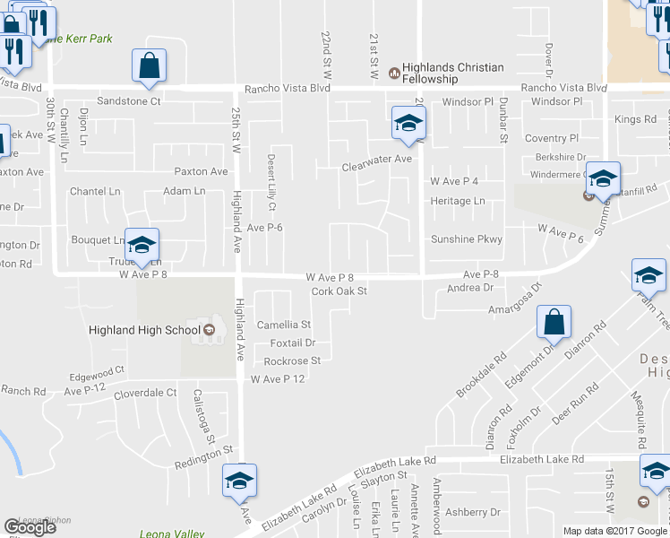 map of restaurants, bars, coffee shops, grocery stores, and more near 2167 West Avenue P8 in Palmdale