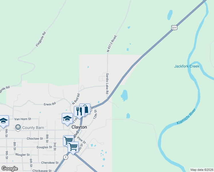 map of restaurants, bars, coffee shops, grocery stores, and more near Sardis Lake Road in Clayton