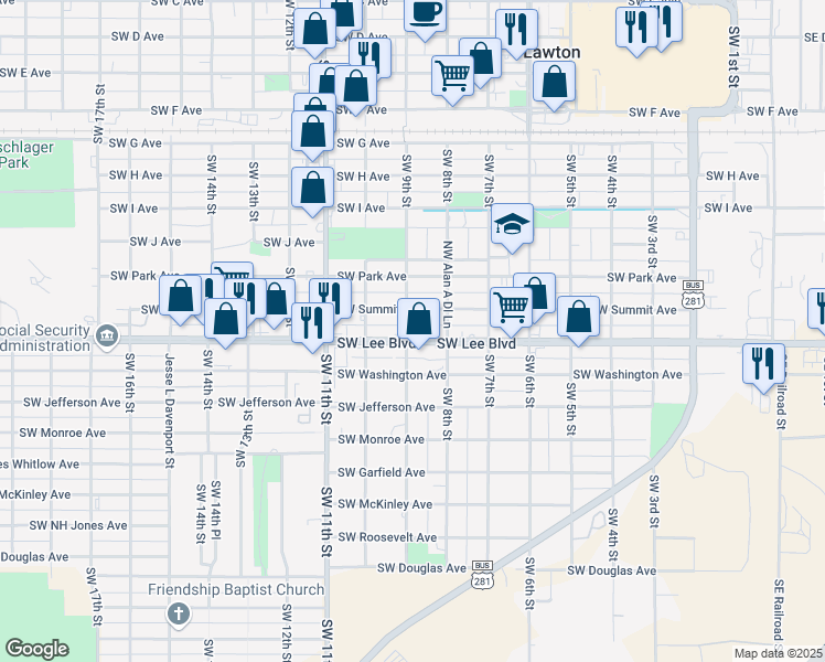 map of restaurants, bars, coffee shops, grocery stores, and more near 1108 Southwest 9th Street in Lawton