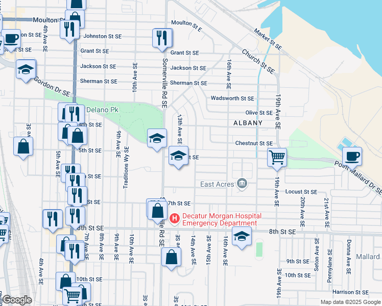map of restaurants, bars, coffee shops, grocery stores, and more near 1306 Beech Street Southeast in Decatur