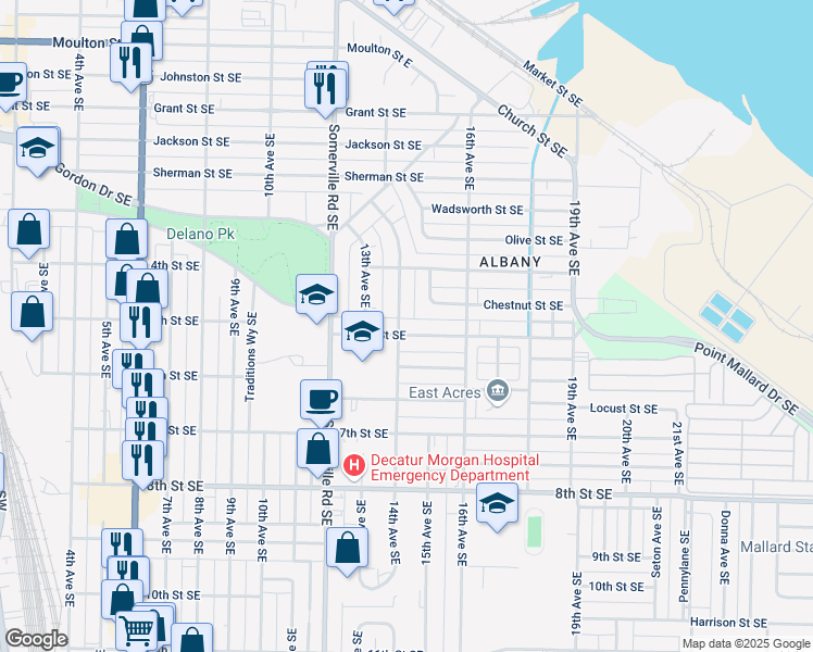 map of restaurants, bars, coffee shops, grocery stores, and more near 1306 Beech Street Southeast in Decatur