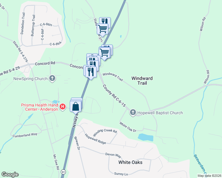 map of restaurants, bars, coffee shops, grocery stores, and more near 3509 Hopewell Road in Anderson