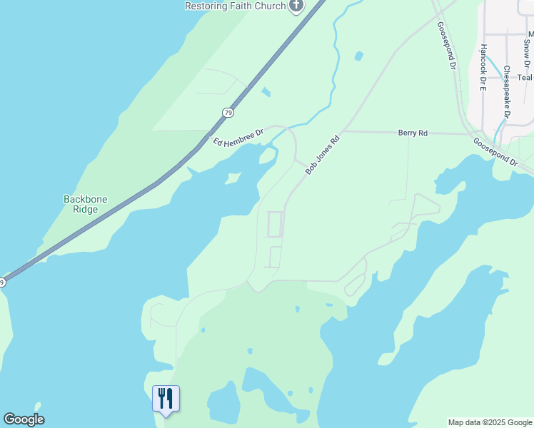 map of restaurants, bars, coffee shops, grocery stores, and more near 118 Waterford Trail in Scottsboro