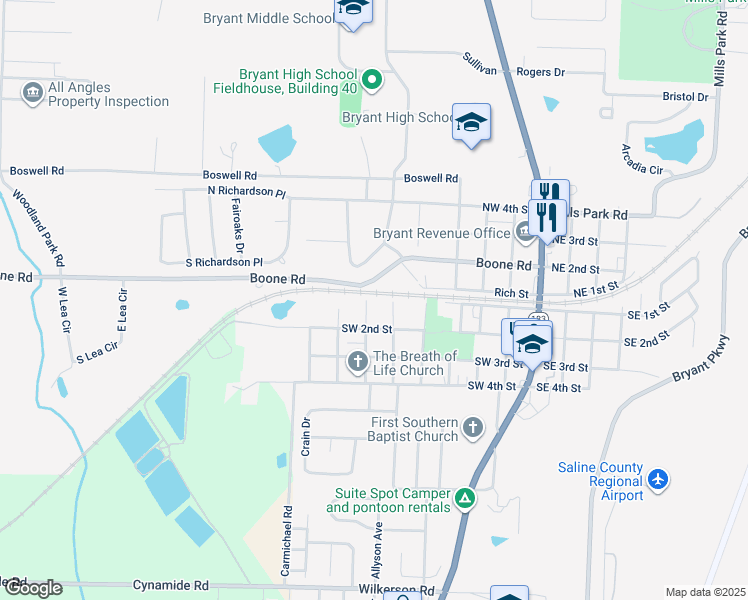 map of restaurants, bars, coffee shops, grocery stores, and more near 102 South Fir Street in Bryant