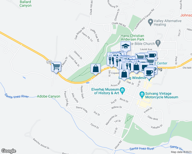 map of restaurants, bars, coffee shops, grocery stores, and more near 1430 Mission Drive in Solvang