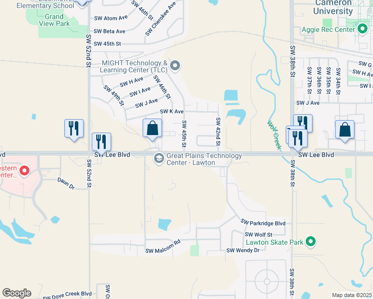 map of restaurants, bars, coffee shops, grocery stores, and more near 1132 Southwest 45th Street in Lawton