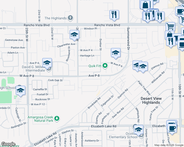 map of restaurants, bars, coffee shops, grocery stores, and more near 1820 Hideaway Place in Palmdale