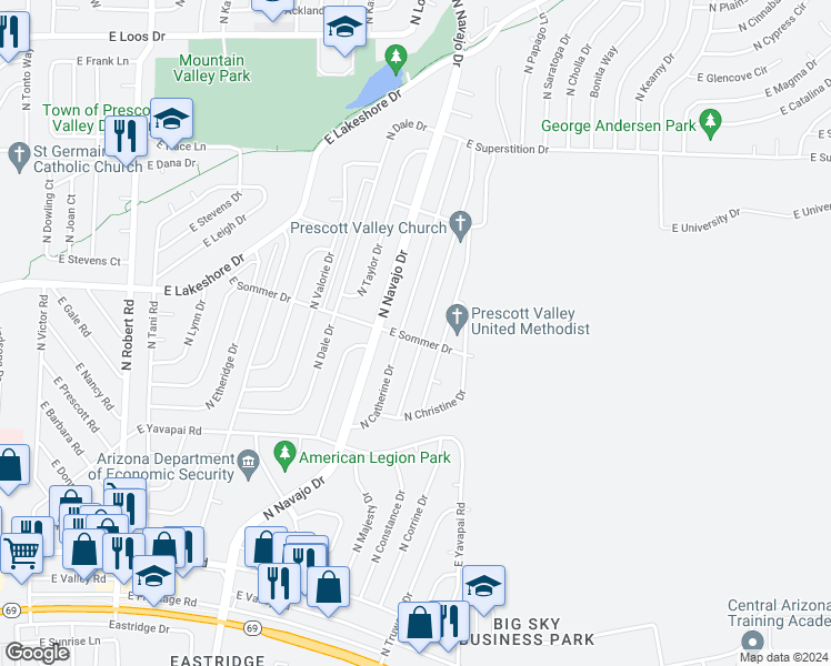 map of restaurants, bars, coffee shops, grocery stores, and more near 3564 North Constance Drive in Prescott Valley