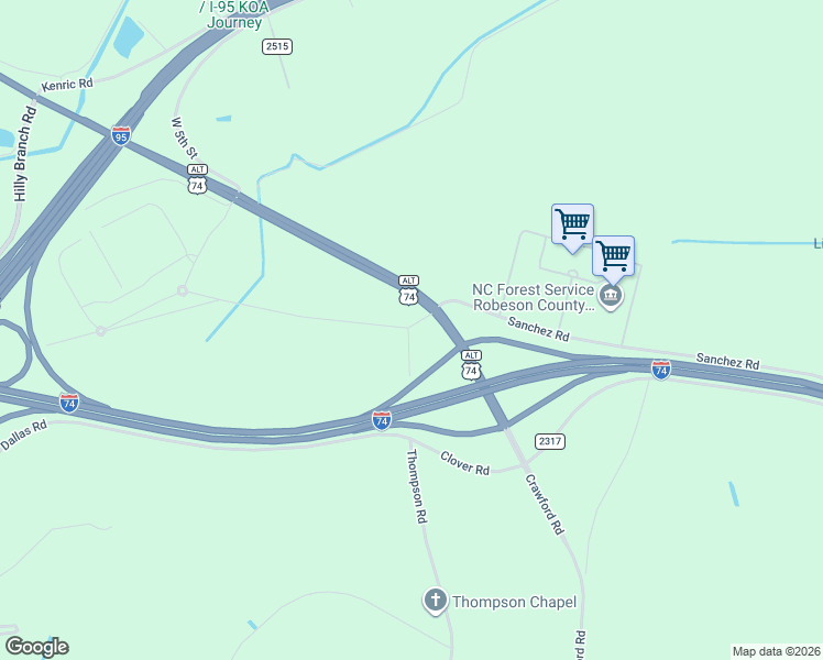 map of restaurants, bars, coffee shops, grocery stores, and more near 1177 Thompson Road in Lumberton