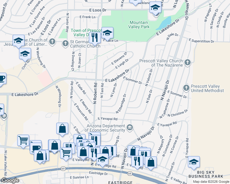 map of restaurants, bars, coffee shops, grocery stores, and more near 8436 East Sommer Drive in Prescott Valley