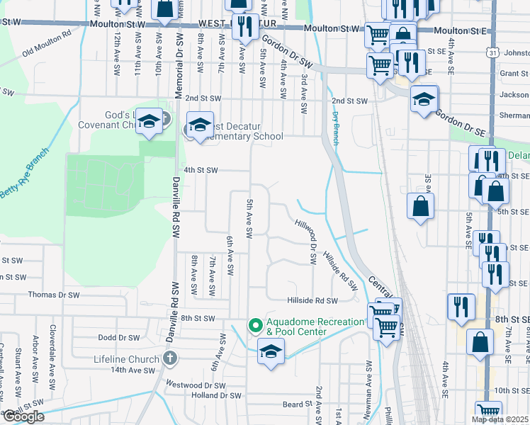 map of restaurants, bars, coffee shops, grocery stores, and more near 911 Wildwood Road Southwest in Decatur