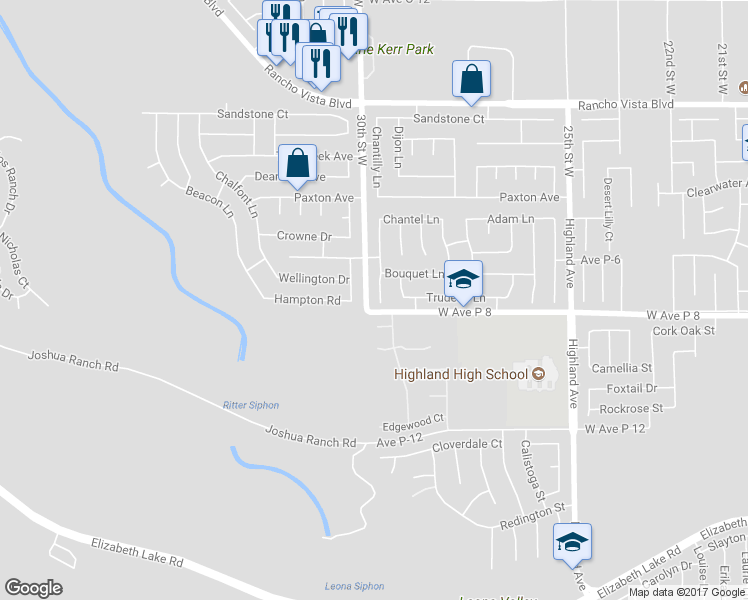 map of restaurants, bars, coffee shops, grocery stores, and more near 39221 Chantilly Lane in Palmdale