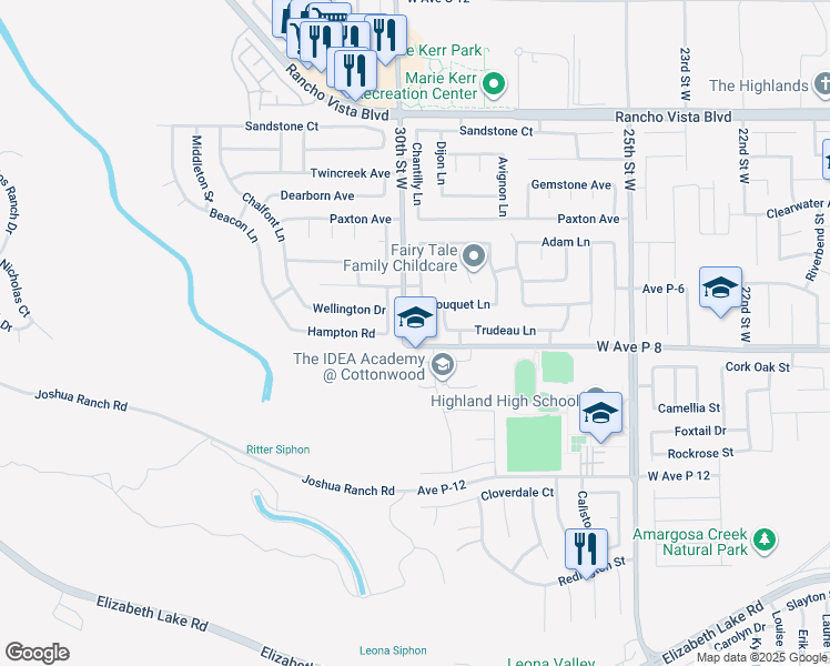 map of restaurants, bars, coffee shops, grocery stores, and more near 39221 Chantilly Lane in Palmdale