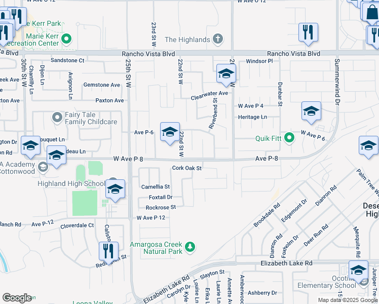 map of restaurants, bars, coffee shops, grocery stores, and more near 2139 West Avenue P8 in Palmdale