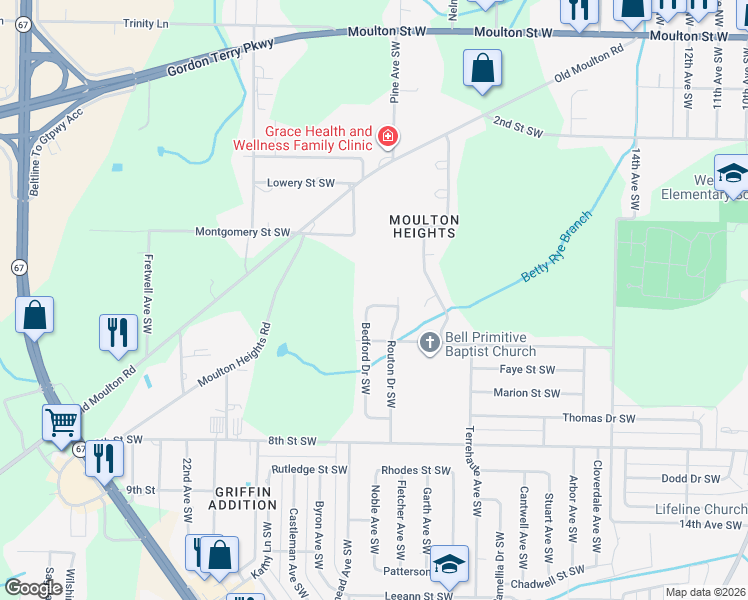 map of restaurants, bars, coffee shops, grocery stores, and more near 908 Bedford Drive Southwest in Decatur