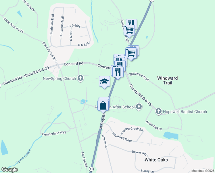 map of restaurants, bars, coffee shops, grocery stores, and more near 3613 South Carolina 81 in Anderson