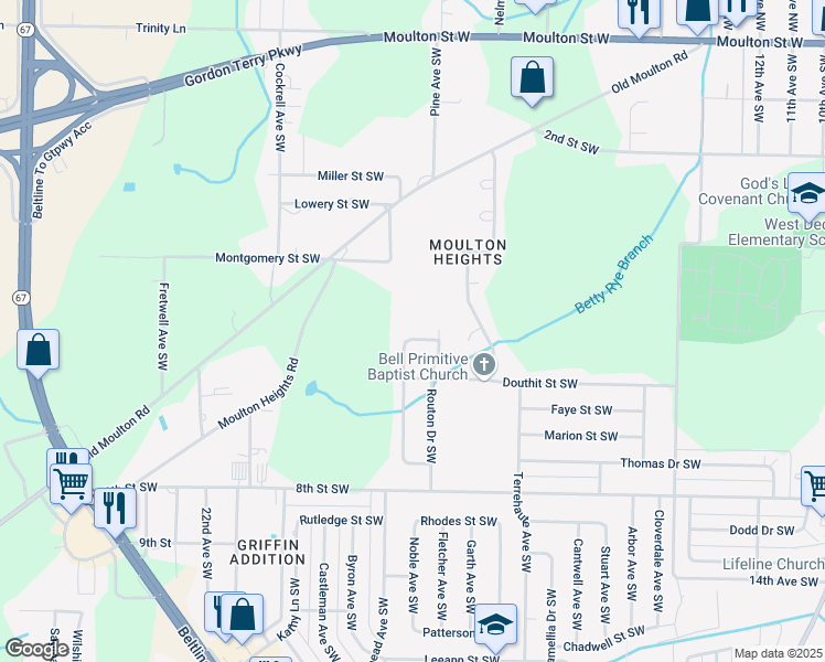 map of restaurants, bars, coffee shops, grocery stores, and more near 908 Bedford Drive Southwest in Decatur