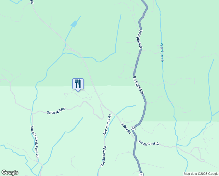 map of restaurants, bars, coffee shops, grocery stores, and more near 532 Ridley Road in Dahlonega