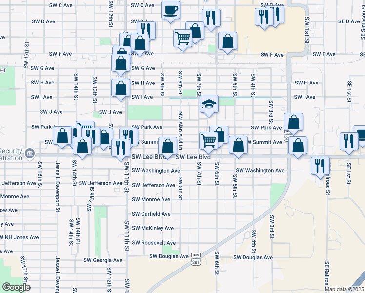 map of restaurants, bars, coffee shops, grocery stores, and more near 1151-1199 Southwest 8th Street in Lawton