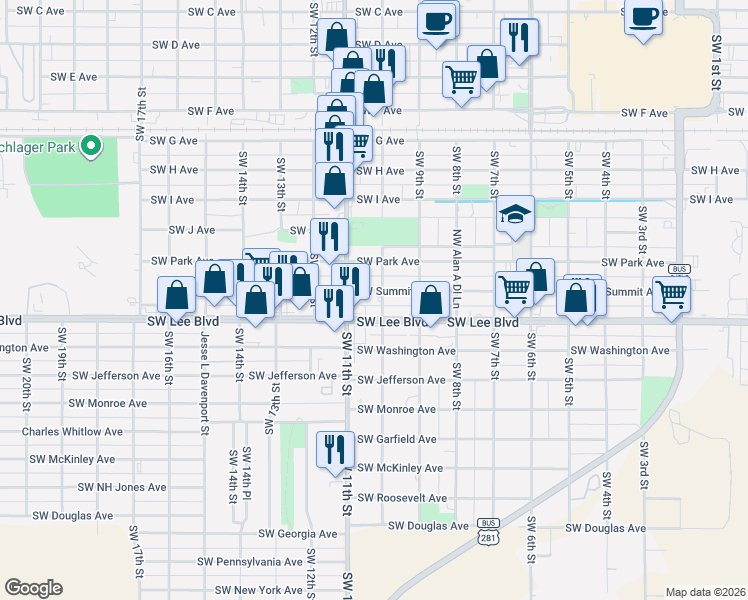 map of restaurants, bars, coffee shops, grocery stores, and more near 1002 Southwest Summit Avenue in Lawton