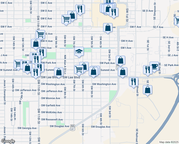 map of restaurants, bars, coffee shops, grocery stores, and more near 501 SW Lee Blvd in Lawton