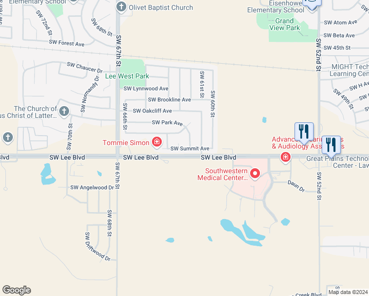 map of restaurants, bars, coffee shops, grocery stores, and more near 6203 Southwest Summit Avenue in Lawton