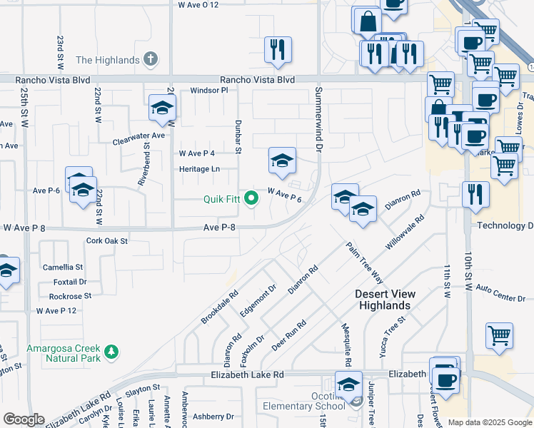 map of restaurants, bars, coffee shops, grocery stores, and more near 39213 Cockney Street in Palmdale
