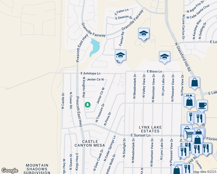 map of restaurants, bars, coffee shops, grocery stores, and more near 3607 North Treasure Drive in Prescott Valley