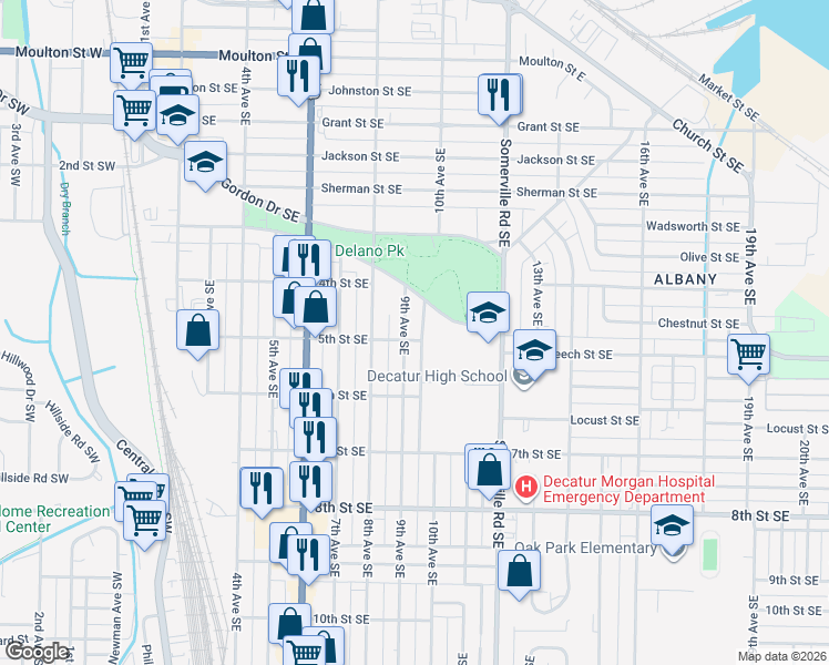 map of restaurants, bars, coffee shops, grocery stores, and more near 904 9th Avenue Southeast in Decatur