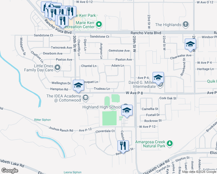 map of restaurants, bars, coffee shops, grocery stores, and more near 2643 Trudeau Lane in Palmdale