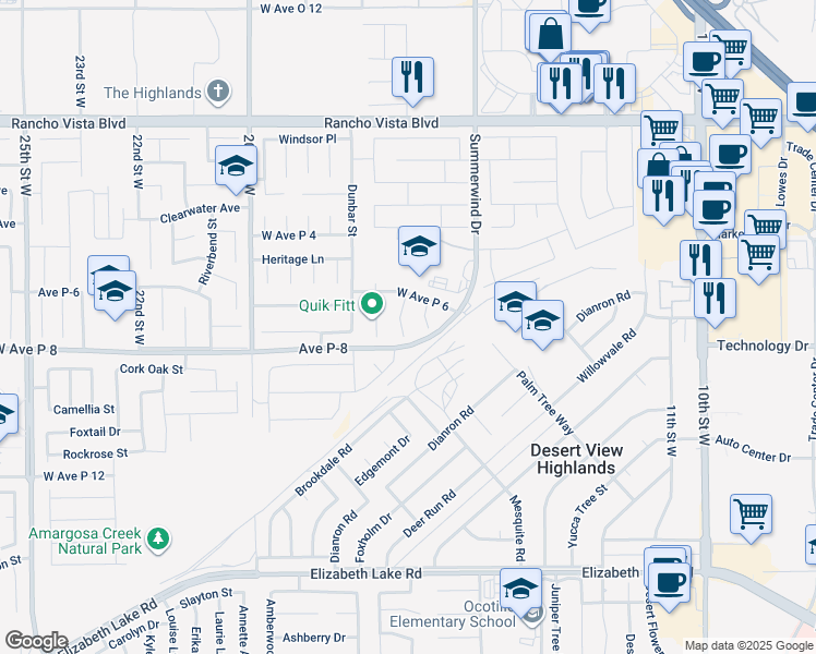map of restaurants, bars, coffee shops, grocery stores, and more near 39212 Cockney Street in Palmdale