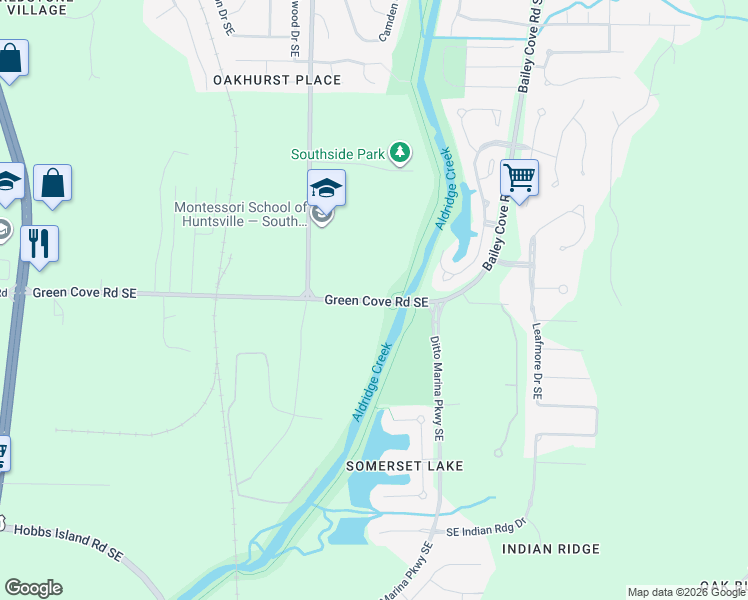 map of restaurants, bars, coffee shops, grocery stores, and more near 625 Green Cove Road Southeast in Huntsville