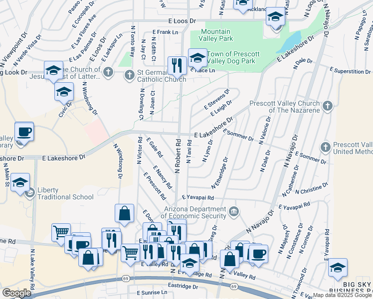 map of restaurants, bars, coffee shops, grocery stores, and more near 3557 North Robert Road in Prescott Valley