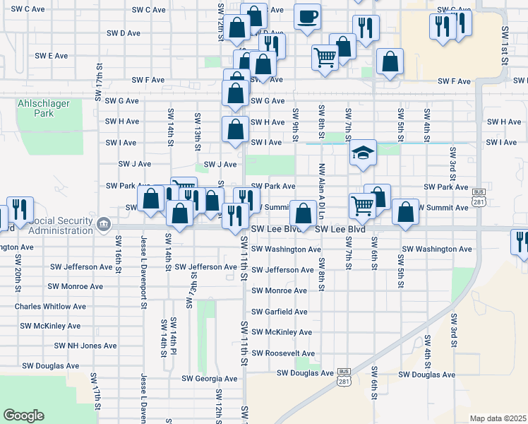 map of restaurants, bars, coffee shops, grocery stores, and more near 915 Southwest Lee Boulevard in Lawton