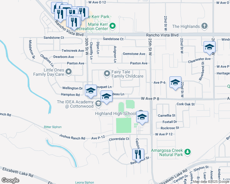 map of restaurants, bars, coffee shops, grocery stores, and more near 2712 Trudeau Lane in Palmdale