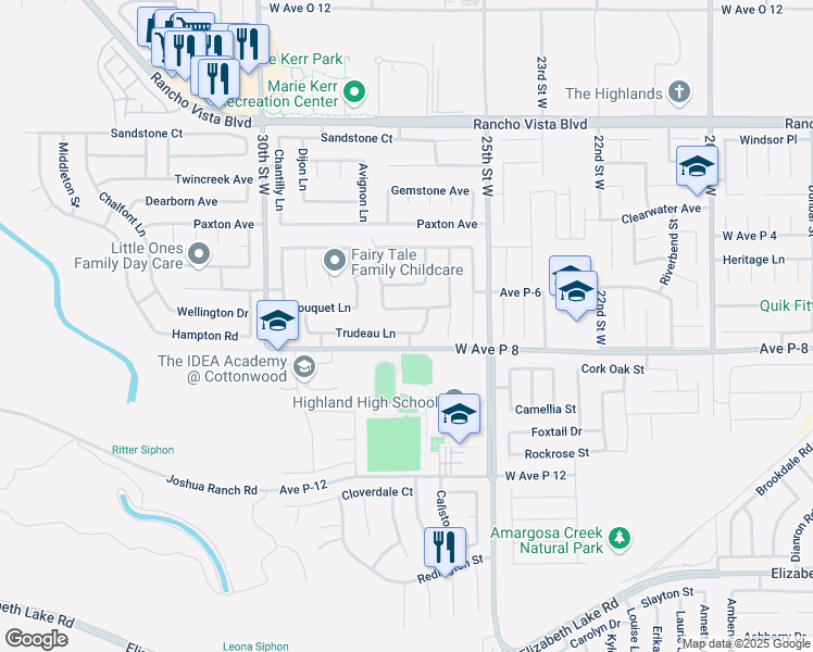 map of restaurants, bars, coffee shops, grocery stores, and more near 2626 Trudeau Lane in Palmdale