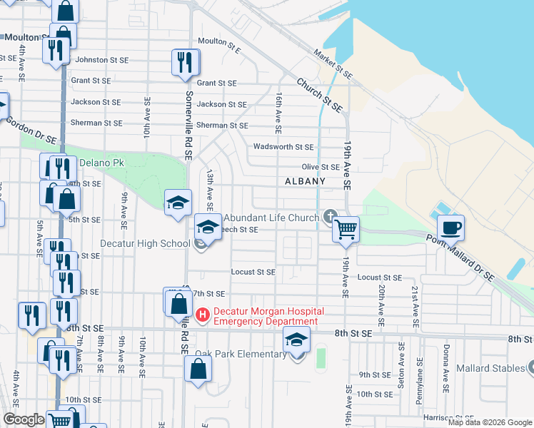 map of restaurants, bars, coffee shops, grocery stores, and more near 1410 Beech Street Southeast in Decatur