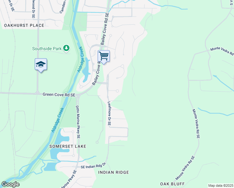 map of restaurants, bars, coffee shops, grocery stores, and more near 1306 Leafmore Circle Southeast in Huntsville