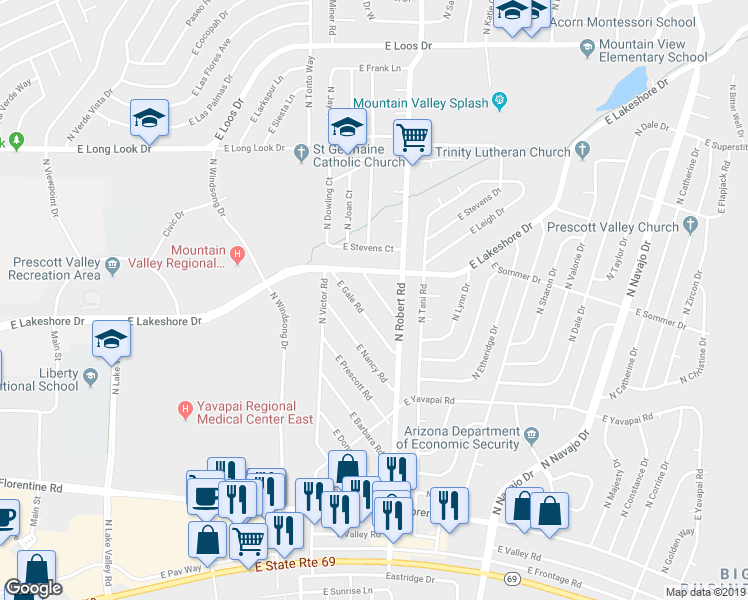 map of restaurants, bars, coffee shops, grocery stores, and more near 8151 East Debbie Drive in Prescott Valley