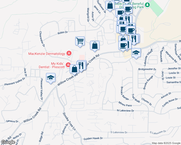 map of restaurants, bars, coffee shops, grocery stores, and more near 3145 Willow Creek Road in Prescott