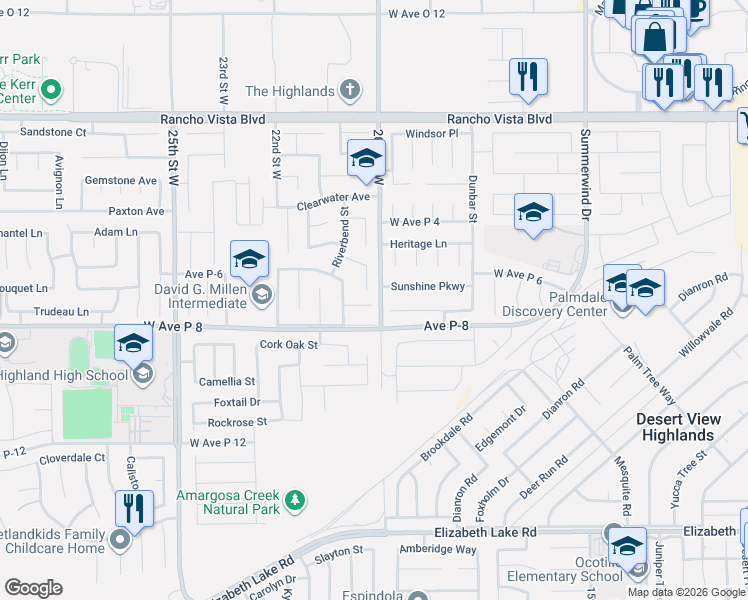 map of restaurants, bars, coffee shops, grocery stores, and more near 39262 Arrowhead Court in Palmdale