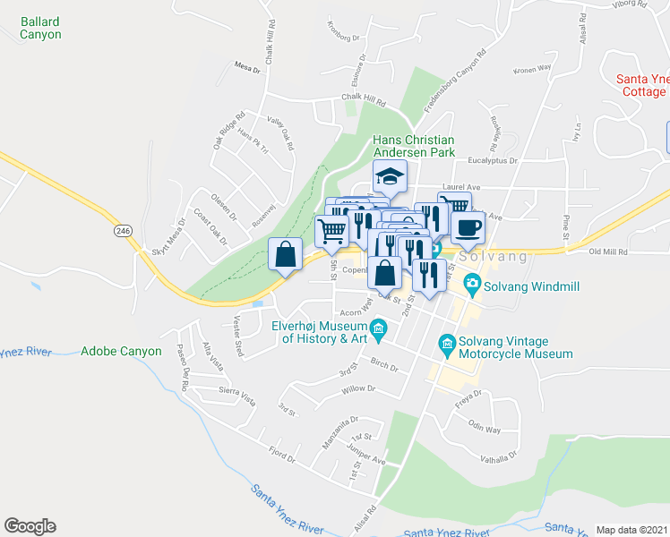 map of restaurants, bars, coffee shops, grocery stores, and more near 498 5th Street in Solvang