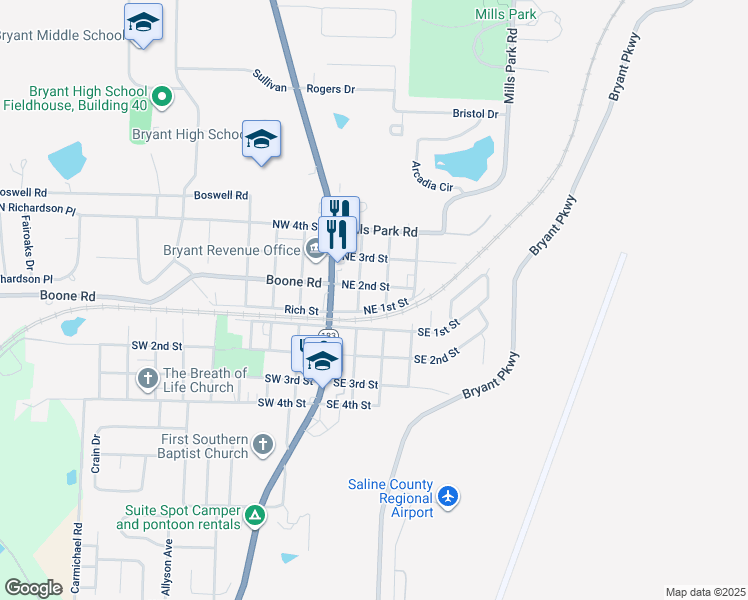 map of restaurants, bars, coffee shops, grocery stores, and more near 211 Northeast 2nd Street in Bryant