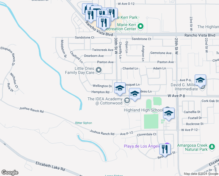 map of restaurants, bars, coffee shops, grocery stores, and more near 3030 Wellington Drive in Palmdale