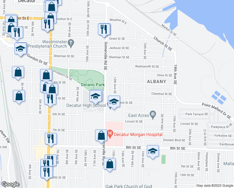 map of restaurants, bars, coffee shops, grocery stores, and more near 812 13th Avenue Southeast in Decatur