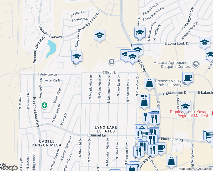 map of restaurants, bars, coffee shops, grocery stores, and more near 3724 North Mountain View Drive in Prescott Valley