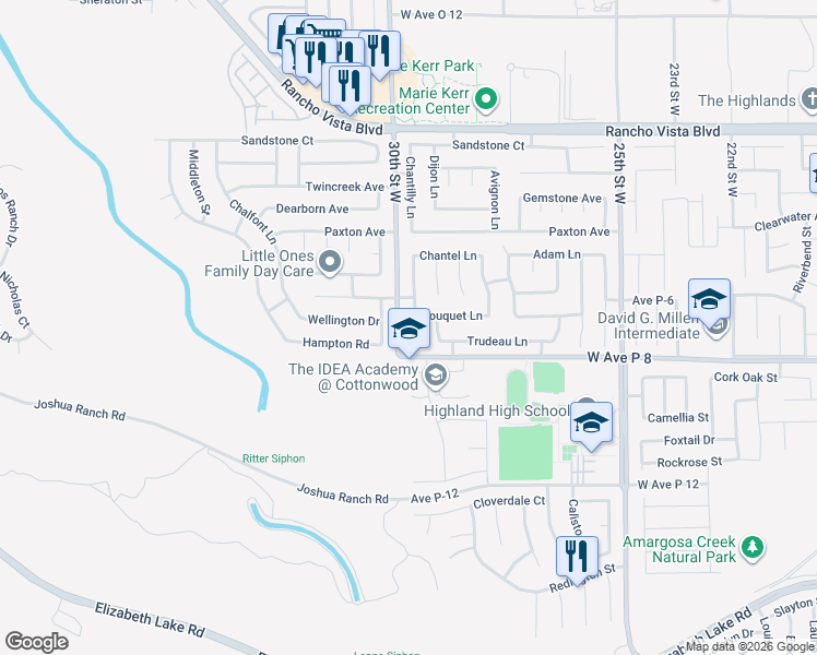 map of restaurants, bars, coffee shops, grocery stores, and more near 39239 Chantilly Lane in Palmdale