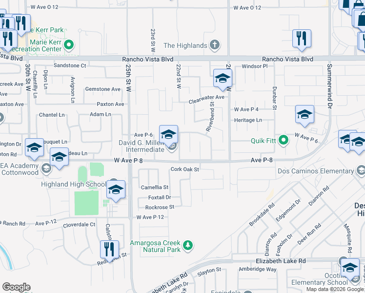 map of restaurants, bars, coffee shops, grocery stores, and more near 39238 22nd Street West in Palmdale